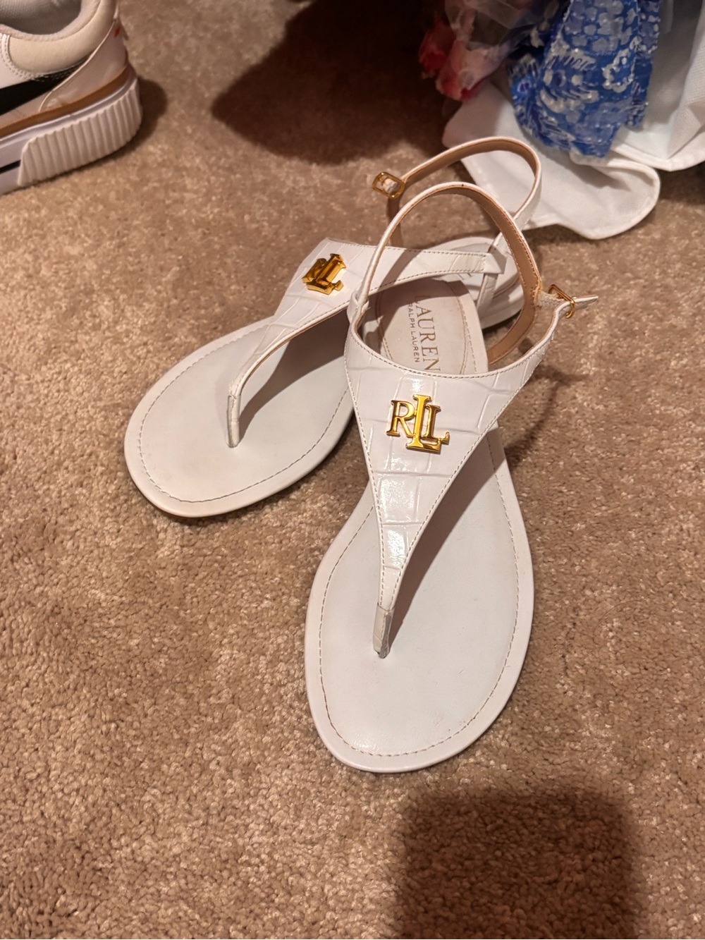 Ralph Lauren Cream White Croc-Embossed RL T-Strap Sandals size 9